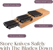 100% Pure Bamboo in Drawer Knife Block | 16 Knife Slots Knife Drawer Organizer | Store Knives Safely with the Blades down | Storage Solution for Your Kitchen | Knife Organizer Drawer Insert