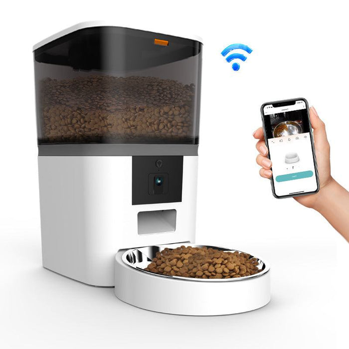 Video camera equipped adjustable performance pet feeder for dogs and cats in white and black colors